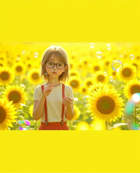 noon, a field of sunflowers, a girl with glasses blows bubbles on the field