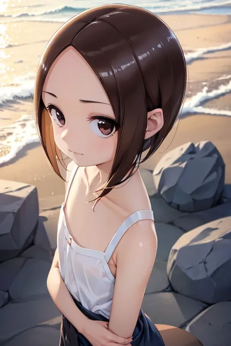  sea岸線、sea、null、 sandy beach、 Perfect Japanese Woman  、  shiny brown hair,  Short hair with short back hair with visible ears,((    medium chest、amount、  center part ))、  Beautiful Brown Eyes、 smirk 、Mean、    sparkling eye, (fine grain)、 very pretty bullis...