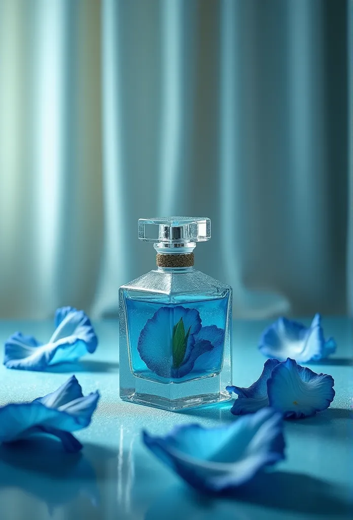 long exposure photo of a{blue rose petal in perfume bottle from ice glass content mint liquid three quarter part(accurate prompt...