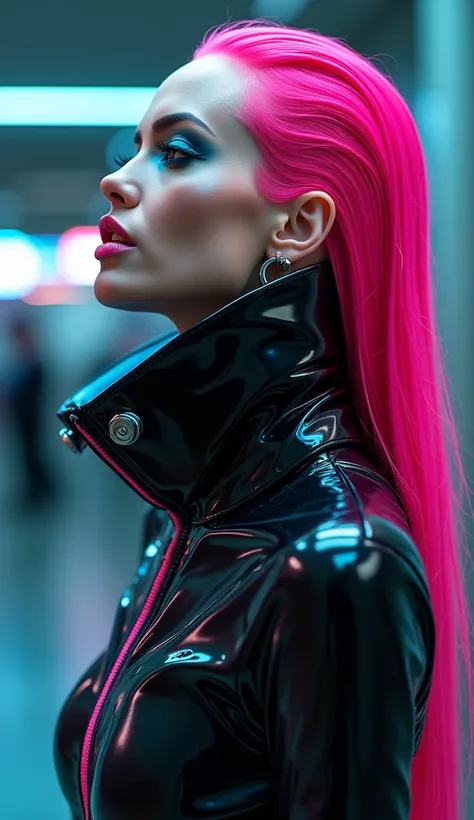 Angelina jolie, vue de profile, latex brillant, dominatrice, chemisier en latex blanc, serre taille latex noir, costume pantalon en latex bleu, ceinture latex noir, futuriste veste courte en latex rose fluo, larges épaulettes en latex rose fluo, cuissardes...