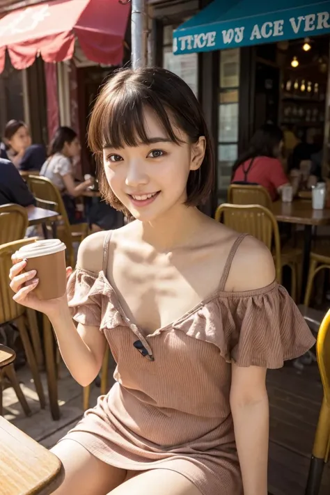 Show me a woman who will surprise everyone.、In New Orleans bourbon street,  sitting in cafe while drinking coffee at open air street side table、（Antique cafe with a retro atmosphere）、tight fitting off shoulder dress without bra, the cleavage exposed, short...