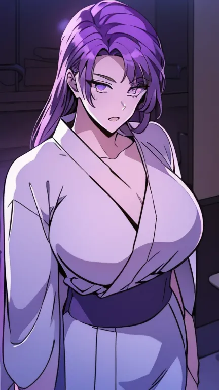 (masterpiece, best quality, detailed illustration, high resolution), ((1girl, solo)), ((huge breasts, large breasts, slim waist, long legs, fit body, toned body)), ((purple hair)), ((kimono)), ((full body, closeup view)), ((standing)), ((facing the viewer)...