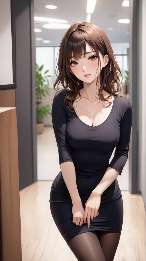 (((masterpiece))),(((High resolution)))、(((8K)))、(((perfect face)))、one beautiful Woman, (((beauty of japan)))、30 years old、((brown hair)), (((beautiful face))), casual black tight dress with u-neck spandex, short dress, black dress, pantyhose, office, emb...