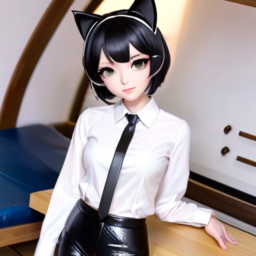 japanese、black hair、  cat ears、very short hair、big eyes、small、cute、 shiny black leather suit、 white shirt 、tie、tatami、3d