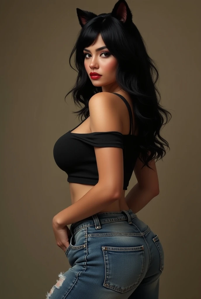 a sexy Vietnamese girl, wolfcut black hair, big breasts, big butt, wearing baggy jeans and a baby T shirt