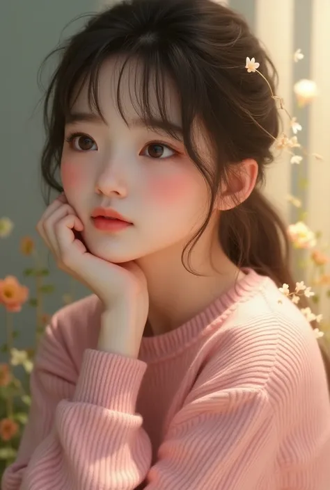 create for abtrack "A photorealistic image of a charming 17-year-old girl with delicate features, rosy cheeks, and a graceful posture. Shes wearing a pastel pink sweater and is looking thoughtfully off into the distance.  Soft, natural lighting."