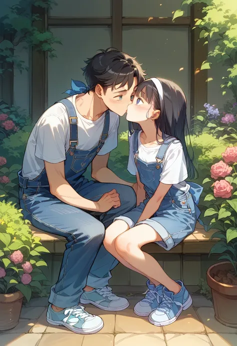 masterpiece、ONE YOUNG GIRL 、One middle-aged man、 very cute、 small breasts、 denim overalls、 Black Hair 、Long straight hair、white headband、 Light blue sneakers 、Sparkling Eyes、fun、 innocent smile 、 MAN KISS A GIRL、garden