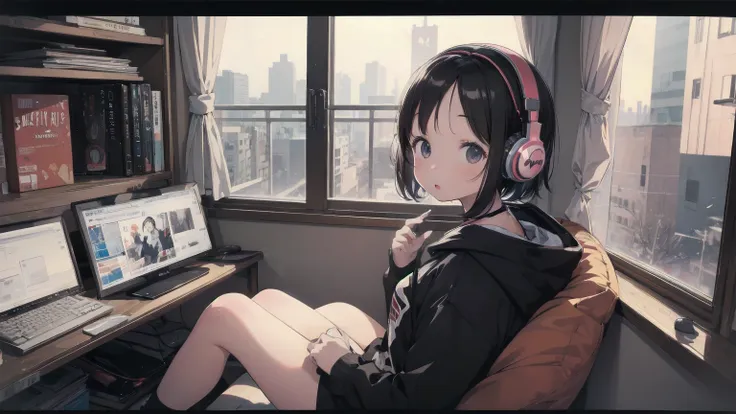 (retro art), (lofi), (1 girl, black hair, black hoodie, headphone), (80s Japanese room)