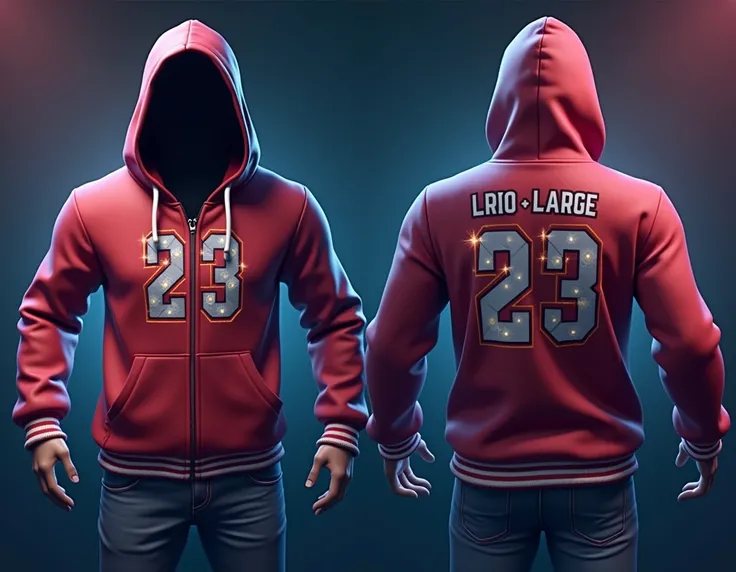 Give me a one-time roblox t-shirt template to go up to the Roblox platform and use in my avatar on the back it must say LEO PRO large that is a hooded jacket that has some animated features and has the number 23 in front of it 