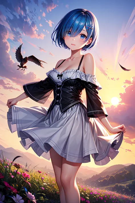 (masterpiece, best quality:1.2), (8k, extREMely detailed CG), REM, REM_re_Zero, 1girl, blue eyes, blue hair, short hair, hair over one eye, (detailed beautiful eyes, shiny skin), (collarbone:1.2), off-shoulder shirt, medium breasts, cleavage , (天界から舞い降りた女神...