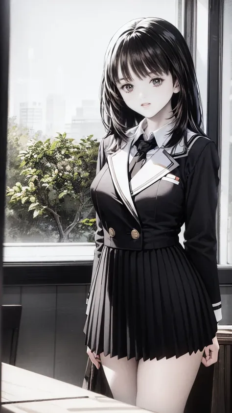 Alone、 HIGH SCHOOL GIRL、Natural body shape、 white skin、 natural makeup、 Black Hair 、bangs、Long straight hair、 lift skirt 、High School Uniform、School Blazer、 navy pleated skirt 、 standing 、Nipples、Big Breasts、  small size pure white panties  、(( and my uppe...