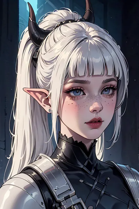 cold facial expression, double ponytail, bangs, white demon horns, a close up of a big female, calm expression, portrait, big tall mature body, medium length hair, bangs, two ponytails sexy big body, very tall, big body, mature face, big elf female with fr...