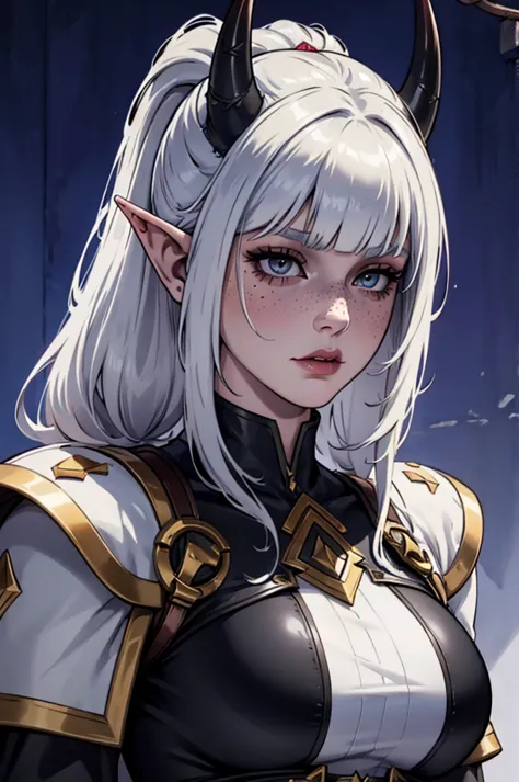 cold facial expression, double ponytail, bangs, white demon horns, a close up of a big female, calm expression, portrait, big tall mature body, medium length hair, bangs, two ponytails sexy big body, very tall, big body, mature face, big elf female with fr...