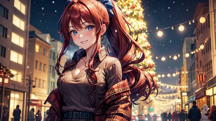 1girl, ((mature girl)), solo, christmas, ((christmas tree)), street, night, lights, snow, red hair, ponytail, large breasts, button down, ((brown winter jacket)), dark blue eyes, ((v-neck sweater)), ((blue checked shirt)), ((unbuttoned shirt)), cleavage, s...