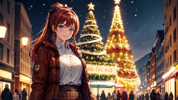 1girl, ((mature girl)), solo, christmas, ((christmas tree)), street, night, lights, snow, red hair, ponytail, large full breasts, ((brown winter jacket)), dark blue eyes, ((chestnut checked shirt)), ((unbuttoned shirt)), skirt, smile, looking at the viewer...