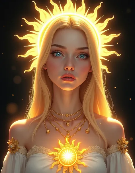 ( masterpiece ), ( Best quality: 1.1) (ultra detailed) illustration style, (portrait: 1.1) ON A BLACK BACKGROUND PLUNGED INTO DARKNESS ,  her aura is captivating and heavenly with a sun deity , The way you look is with a captivating expression in your eyes...