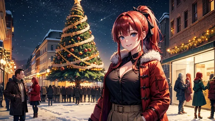 1girl, ((mature girl)), solo, christmas, ((christmas tree)), street, night, lights, snow, red hair, ponytail, large full breasts, ((brown winter jacket)), dark blue eyes, ((black shirt)), ((unbuttoned shirt)), cleavage, skirt, smile, looking at the viewer,...