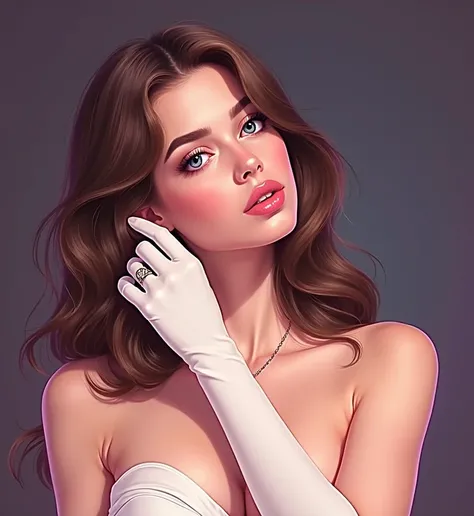  realistic illustrated image ,mujer joven beautiful, super long chocolate brown hair ironed with some waves,  heavenly eyes , turned up nose, white tea,  beautiful and perfect face, porcelain skin, pink plump lips, 22 years old, Russian features, lovely, m...