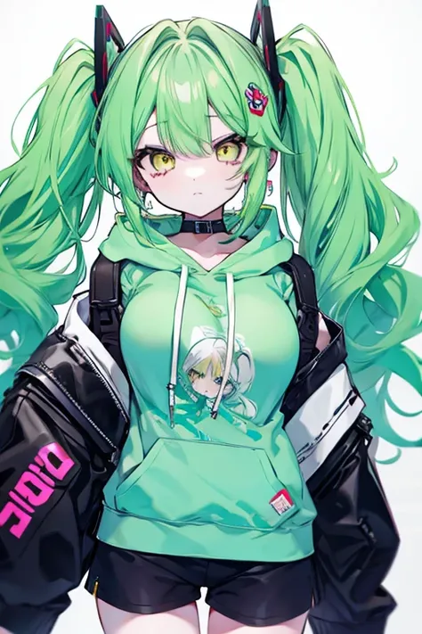  1 girl、Mature、Ample breasts、 long lashes、Long Hair、 twin tails、 mint green hair、Curly Hair、Voluminous hair、Yellow Eyes、Big Eyes、Big earrings、Beauty、cyberpunk hoodie、 shorts、garter