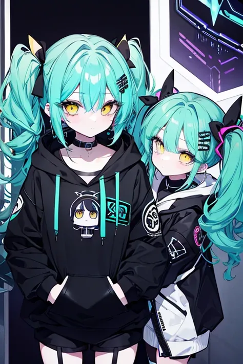  1 girl、Mature、Ample breasts、 long lashes、Long Hair、 twin tails、turquoise hair 、Curly Hair、Voluminous hair、Yellow Eyes、Big Eyes、Big earrings、Beauty、 cyberpunk hoodie、 black hoodie、 shorts、garter、 Black and White See-through Priests Outfit 、ribbon