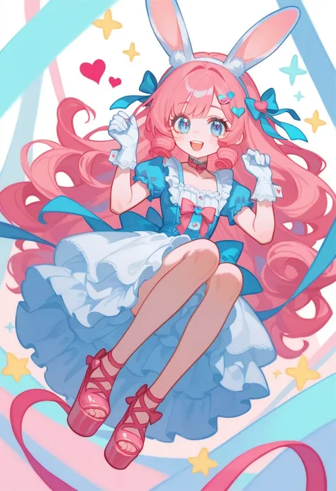 score_9,  score_8_up,  score_7_up,  score_6_up,  score_5_up,  score_4_up,  1 girl,  pink hair, long curls,  blue eyes , bunny ea...