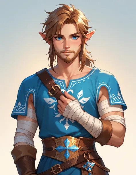 link elf male adult , small beard  , brown hair, blue pupils ,  medieval times clothing  , bandage arms  ,  solo ,