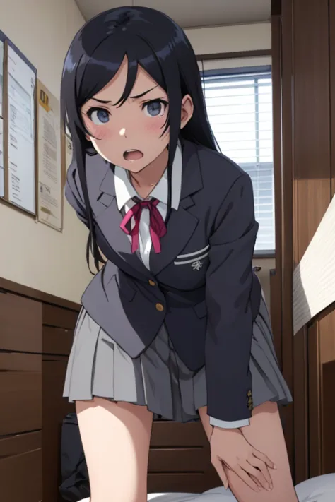 best quality, ayase aragaki, black hair,  in bed,  open crotch ,  small breasts, angry face,  opens her mouth, student uniform