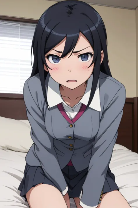 best quality, ayase aragaki, black hair,  in bed,  open crotch ,  small breasts, angry face,  opens her mouth, student uniform