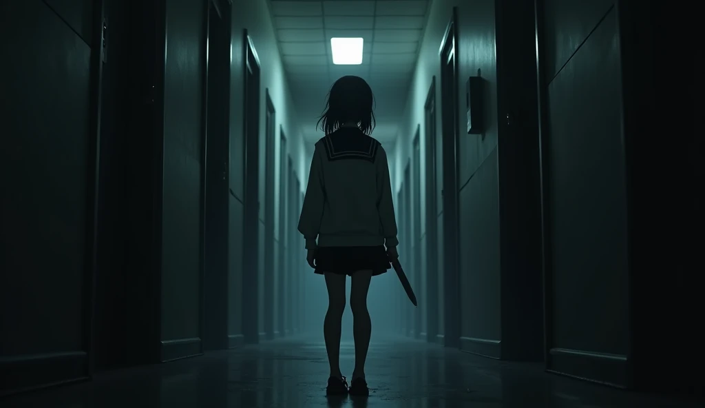 A gloomy corridor , Only illuminated,  in an empty school . In the background,  a female figure in school uniform , backwards,  with a knife visible in her right hand .  Her silhouette seems to fade into the shadows ,  but its eyes shine with a cold light ...