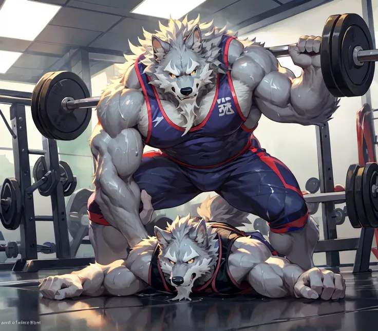 masterpiece , high quality , japanese cartoon , meticulous eyes ,hairy gray wolf male, law, great body,strong arms,  gym, exerci...