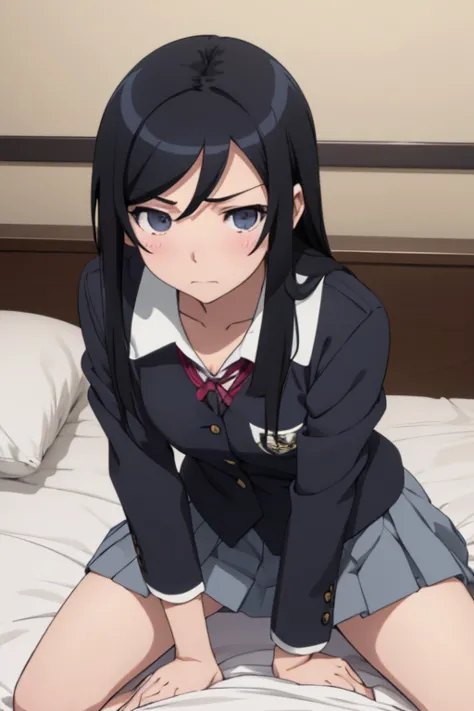 best quality, ayase aragaki, black hair,  in bed,  open crotch , riding on a man,  small breasts, angry face,  opens her mouth, ...