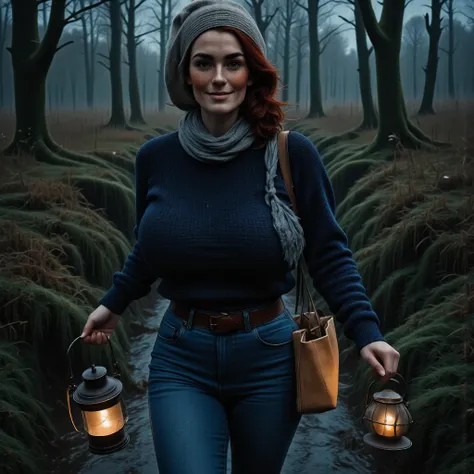 photorealistic, cinematic style, picture of a beautiful british woman carrying a lantern through a night time dark swamp. smilin...