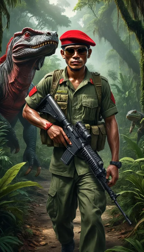 a highly detailed hdr portrait of an indonesian soldier wearing a red baret and military atribute, grab weapon, walking through ...