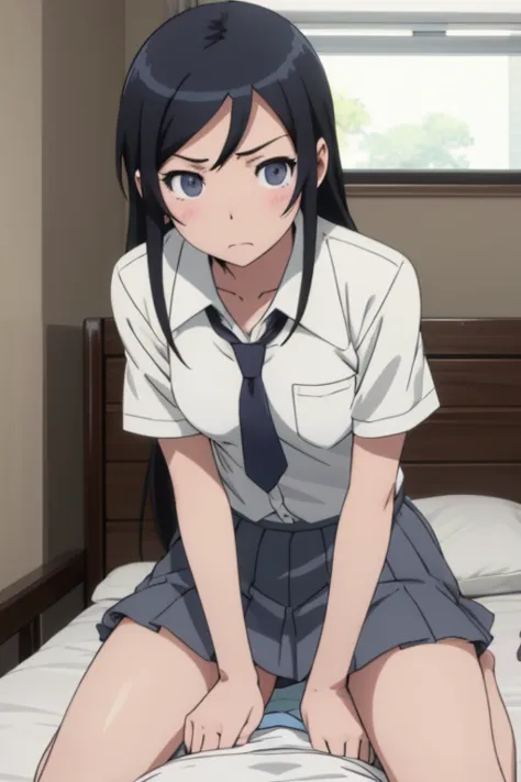 best quality, ayase aragaki, black hair,  in bed,  open crotch , riding on a man,  small breasts, angry face,  opens her mouth, ...