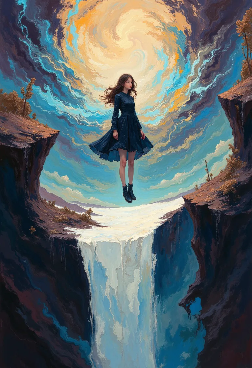 db4rz style painting,a girl floating above the edge of a white cliff, colorful swirling patterns in the background, dark surroun...