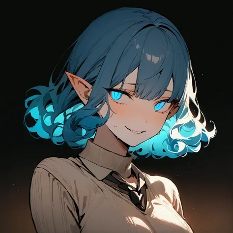 ( masterpiece :1.2, Best quality), 1 woman, rostro , Long sweater ,black tie, casual, medium breasts, blue hair, curly, Minimalist makeup,pale,natural fabrics, close up of the face, wicked smile , eyes heteroctomy bright circular pupils,8k high reso...