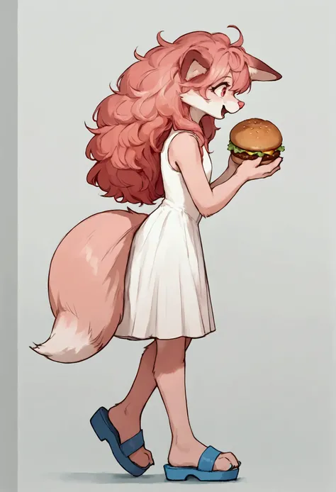 Solo, Score_9, score_8_up, solo, Anthro, furchan, pink furry body, pink hair, pink eyes, pink nose, animal ears, tail, tall and slender body, wearing white sleeveless dress, blue sandals, legs crossed, eatting a big burger, in a Macdonald, side view, happy...