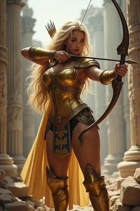  Create an image of a woman wearing the golden armor of Sagittarius from the anime Knight of,  the armor must be sexy the womans body must be curvaceous and voluminous  ,  The face with Norse features and blond hair  .  The setting must be inspired by the ...