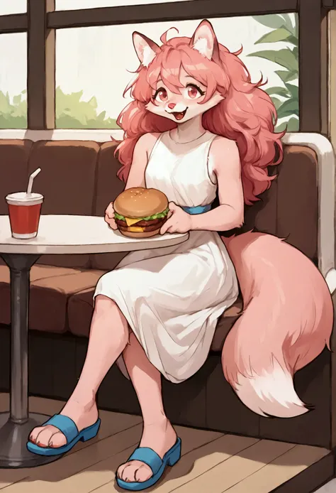 Solo, Score_9, score_8_up, solo, Anthro, furchan, pink furry body, pink hair, pink eyes, pink nose, animal ears, tail, tall and slender body, wearing white sleeveless dress, blue sandals, legs crossed, eatting a big burger, sitting in a restaurant table, f...