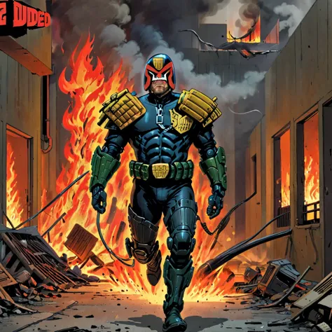 judge dredd running through a burning apartment complex in armor and uniform wearing a helmet, jdgdrddcom, cyberpunk, flames, fi...