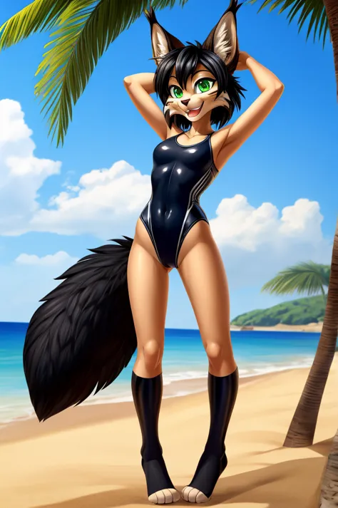 lynx is a slim skinny cartoon girl in a tight lycra swimsuit on the beach with a happy face, green eyes,  black hair , black toe...