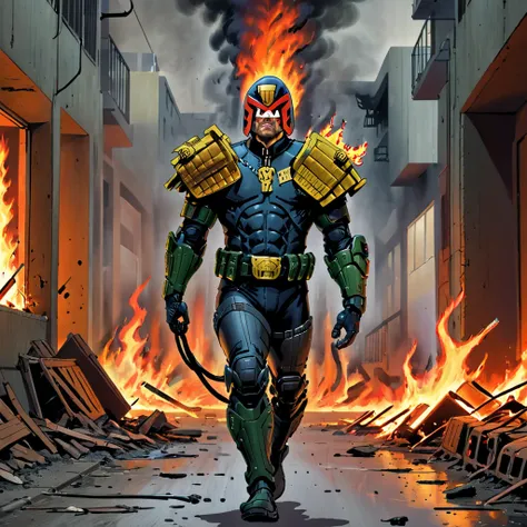 judge dredd running through a burning apartment complex in armor and uniform wearing a helmet, jdgdrddcom, cyberpunk, flames, fi...