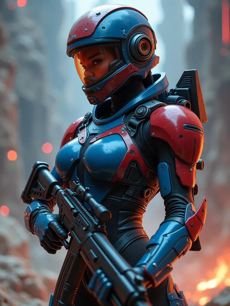 A digital artwork in the style of cknc,, female space pirate in blue and red power armour, helmet with a clear visor reflecting light, hyperdetailed helmet, holding an assault rifle, abstract background suggesting a dusty planet, in a dark night