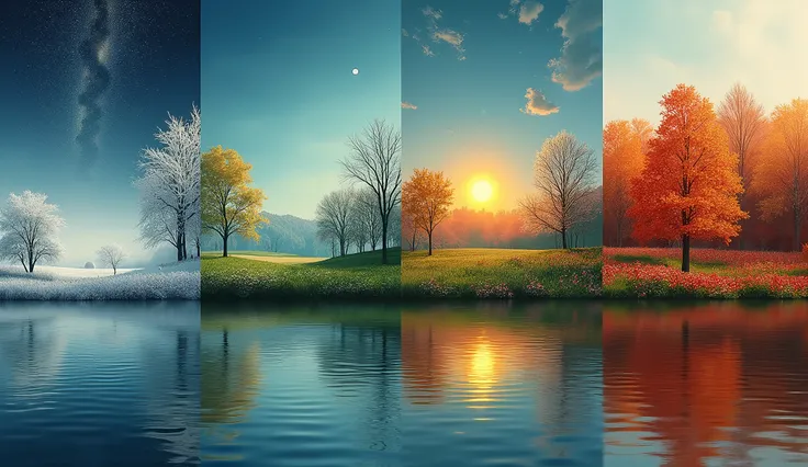 abstract, avant-garde fantasy, image is a four different morphing into one another photographs of a four seasons landscape, each photograph showing a different scene, photos are separated from each other by a smooth blurred transparent strip.
first photogr...