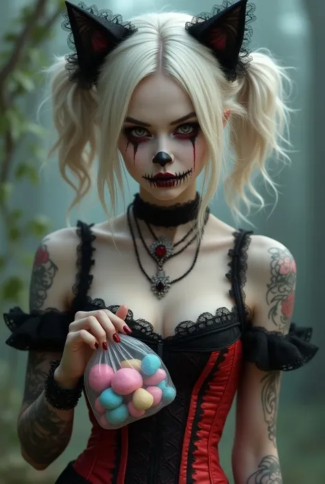  A woman with a dark gothic style , with Halloween makeup style  "doll"  that simulates scars sewn around her mouth and a painted black nose .  She has platinum blonde hair with touches of red ,  tied in two messy bows and decorated with black lace accesso...