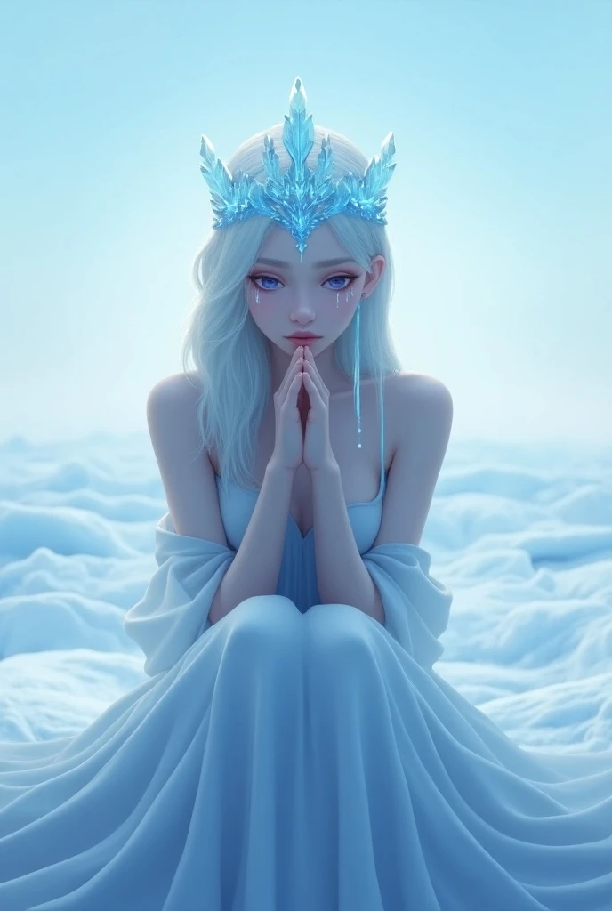 A character based on Aurora from Mobile Legends
With an ice crown
With your hands together 
Sitting on a glacier looking at the horizon 
Crying 
