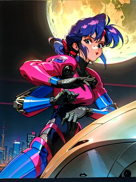 Kenichi Sonoda, retro art-style, bubblegum crisis, Sci-fi, Cyberpunk, Neon, Dystopia, (On a full moon night, on the rooftop of a high-rise building, a figure is seen wearing a metal hard suit that covers the whole body from head to toe. It is made up of cu...