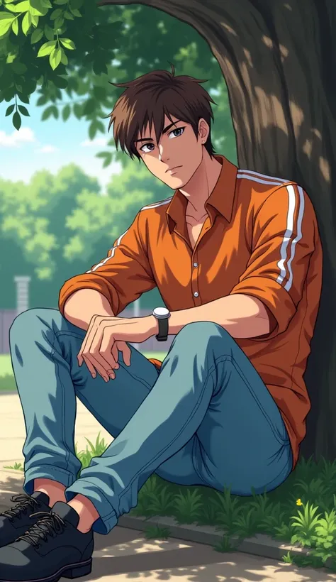 anime boy, 26 years old,  brown hair, orange buttoned shirt with white stripes, jeans celeste,  black dress shoes ,  black eyes , Sitting under a tree, serious look, Diagonal position,  full body , University campus, Anime 4k, DETAILED, robust body