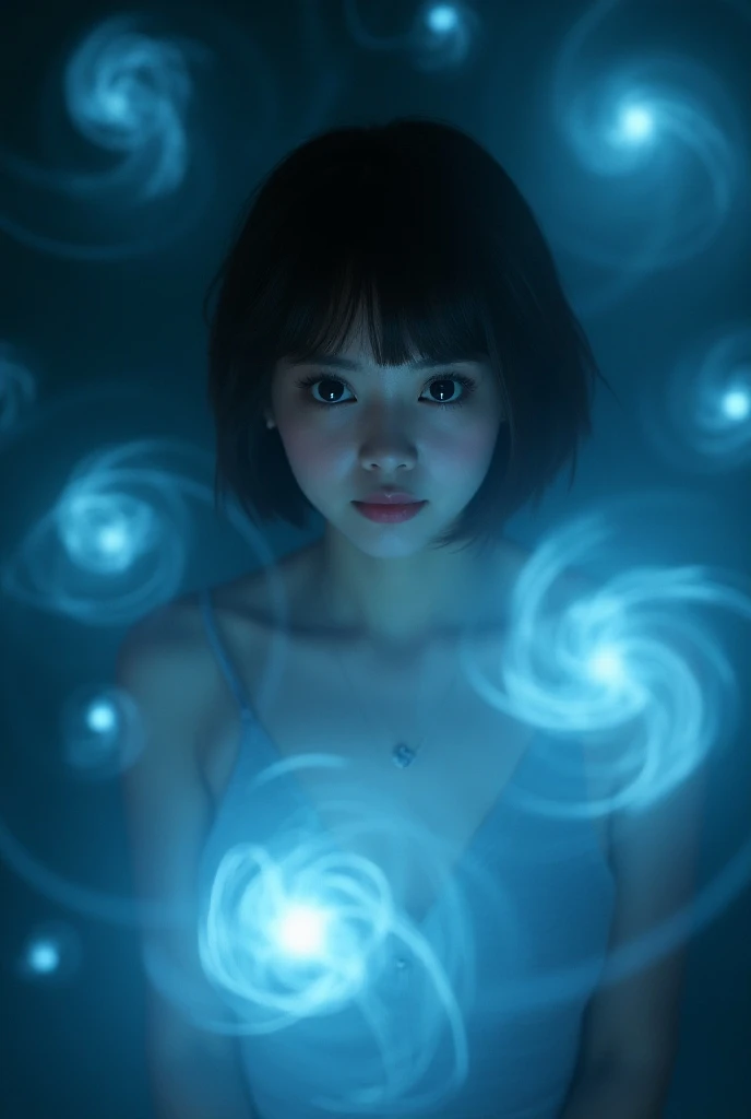 Orbs of gray and blue light surrounding a woman with brown hair, brown eyes and short hair with bangs 