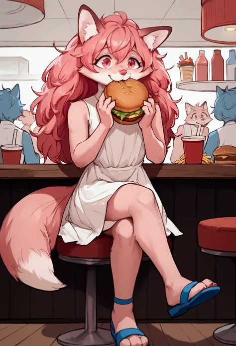 Solo, Score_9, score_8_up, solo, Anthro, furchan, pink furry body, pink hair, pink eyes, pink nose, animal ears, tail, tall and slender body, wearing white sleeveless dress, blue sandals, legs crossed, eating a big burger, a bit taken out of burger, sittin...